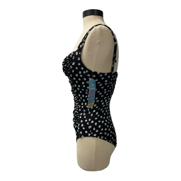 Swim Solutions One Piece Swimsuit Women’s Size 8 Lace Up Black White‎ Dots NWT - Picture 3 of 8